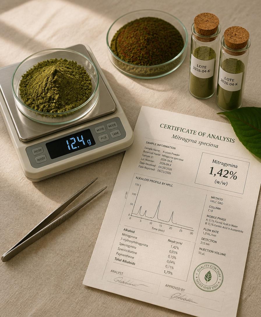 Análisis de laboratorio con certificado HPLC y muestras de kratom Saviala
